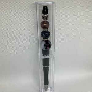 Hand Beaded Pen w/Display Box Plastic Glass Metal Beads Black Burgundy Silver